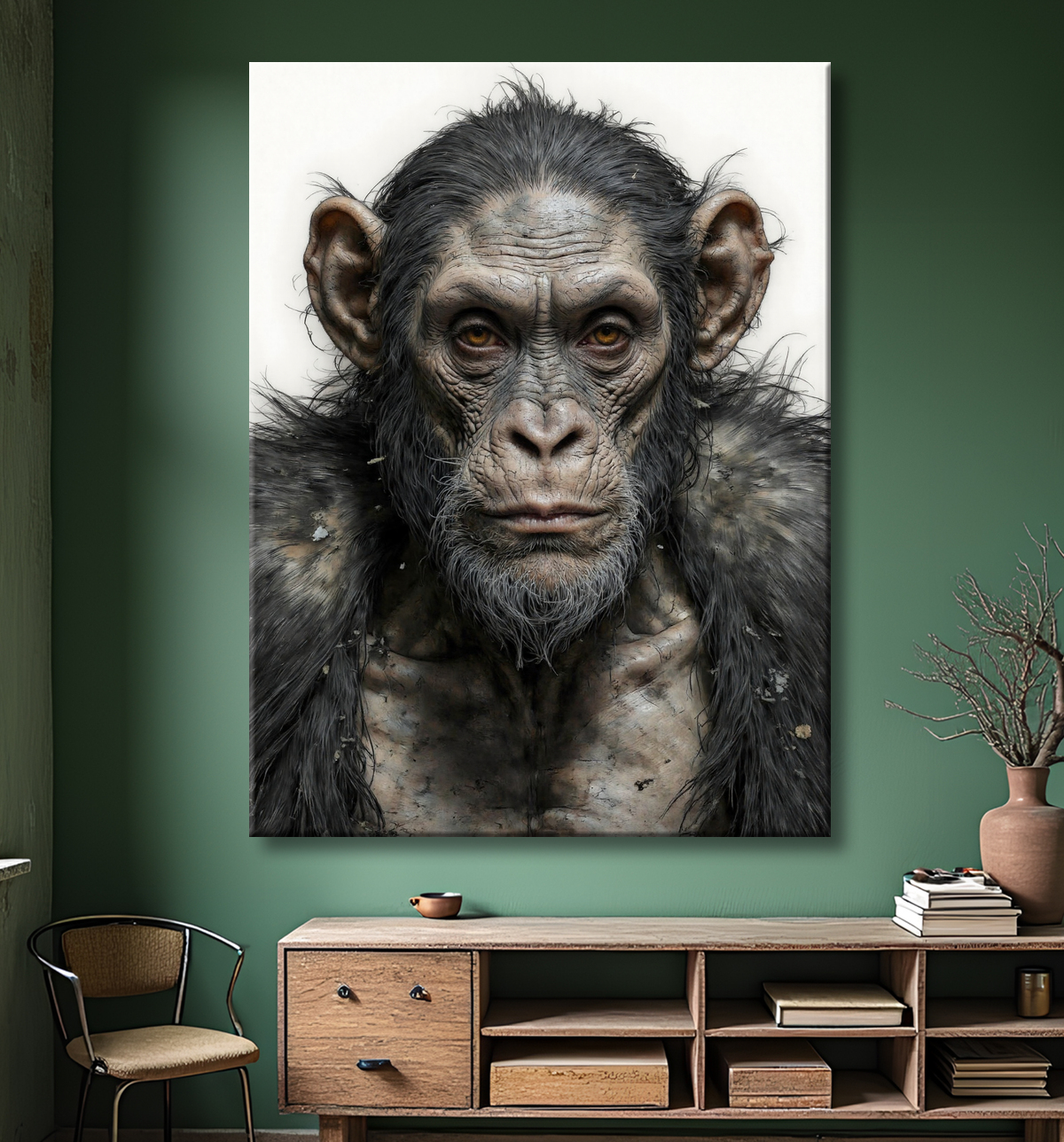 Tableau chimpanzé sur fond blanc - Photo d'art expressive avec decor