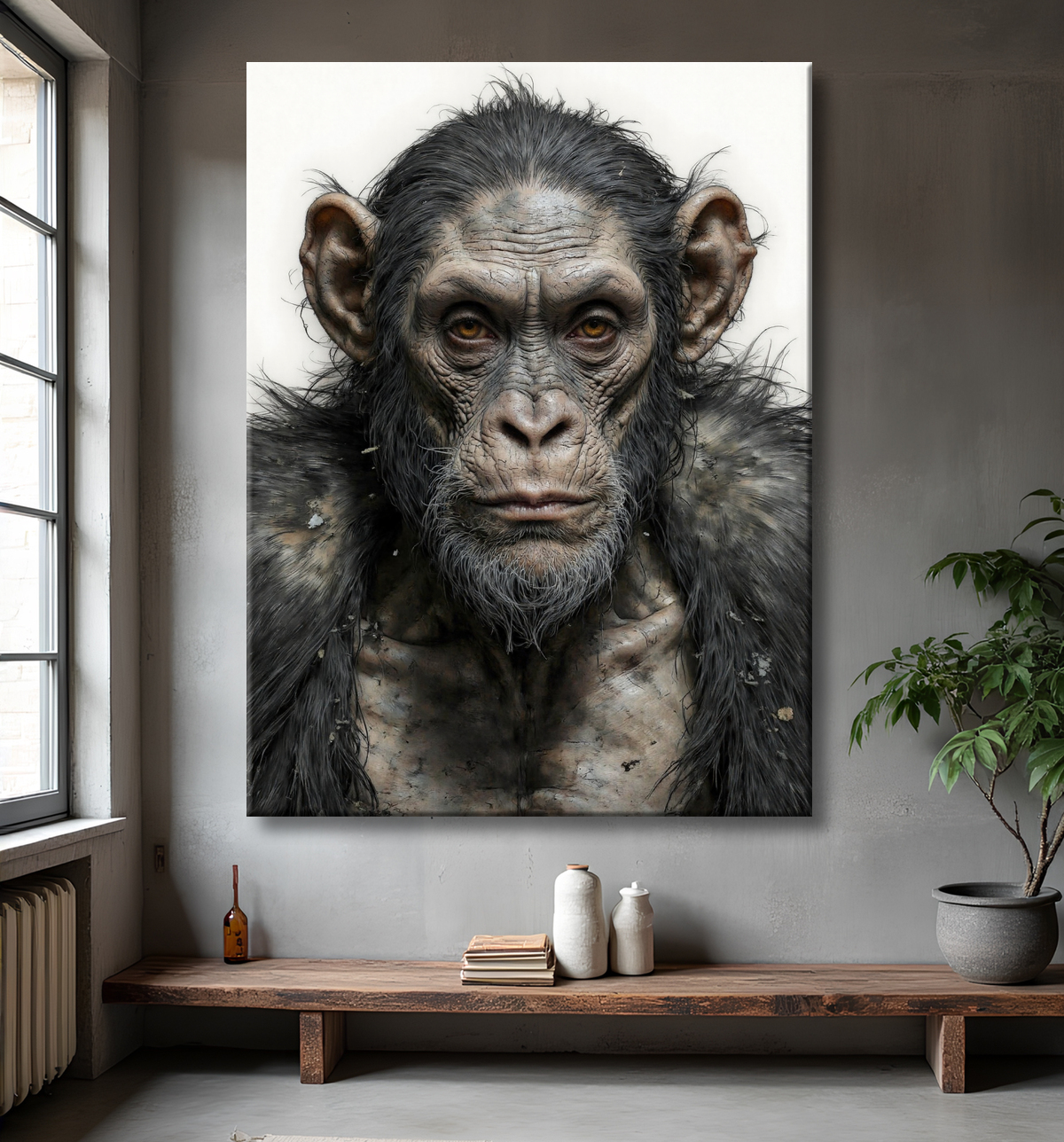 Tableau chimpanzé sur fond blanc - Photo d'art expressive avec decor