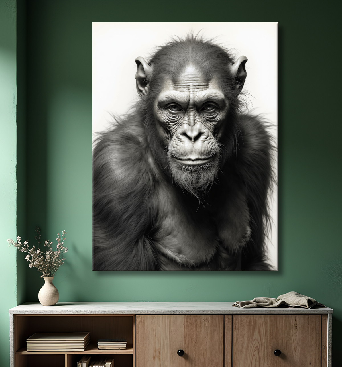 Tableau chimpanzé sur fond blanc - Photo d'art expressive avec decor