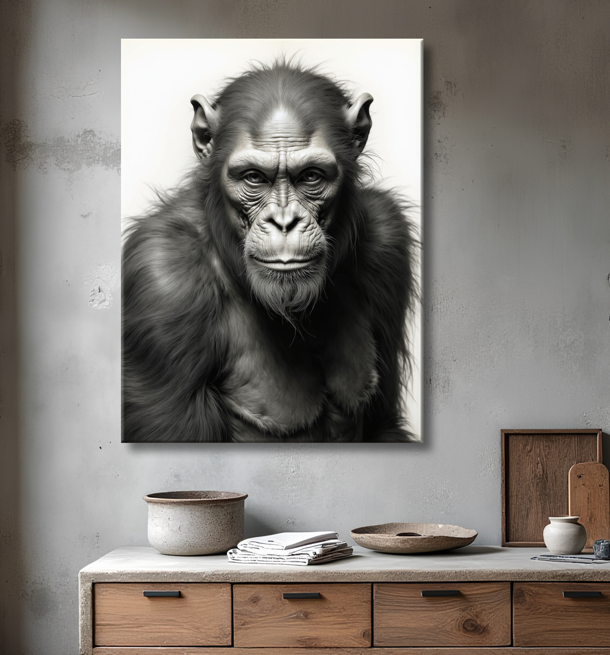 Tableau chimpanzé sur fond blanc - Photo d'art expressive avec decor