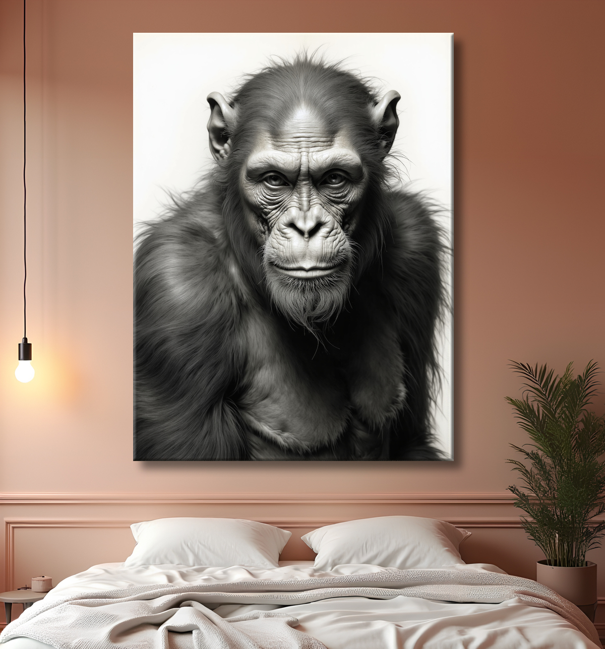 Tableau chimpanzé sur fond blanc - Photo d'art expressive avec decor
