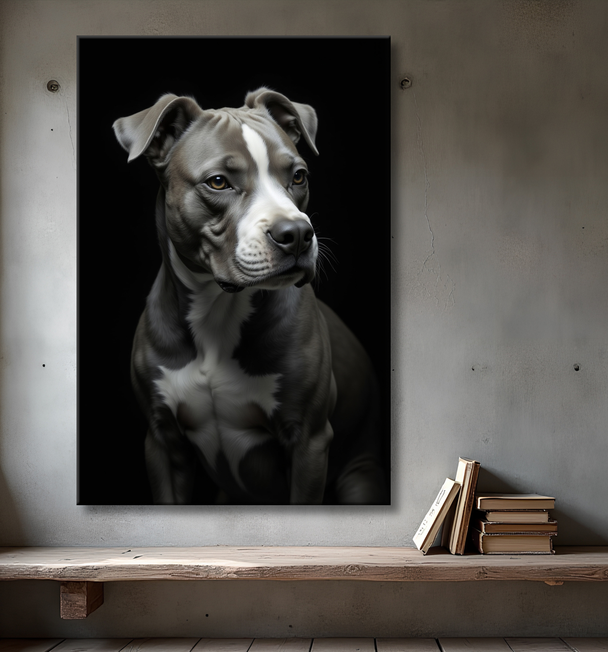Tableau pitbull staffy - Portrait photographique noir et blanc avec decor