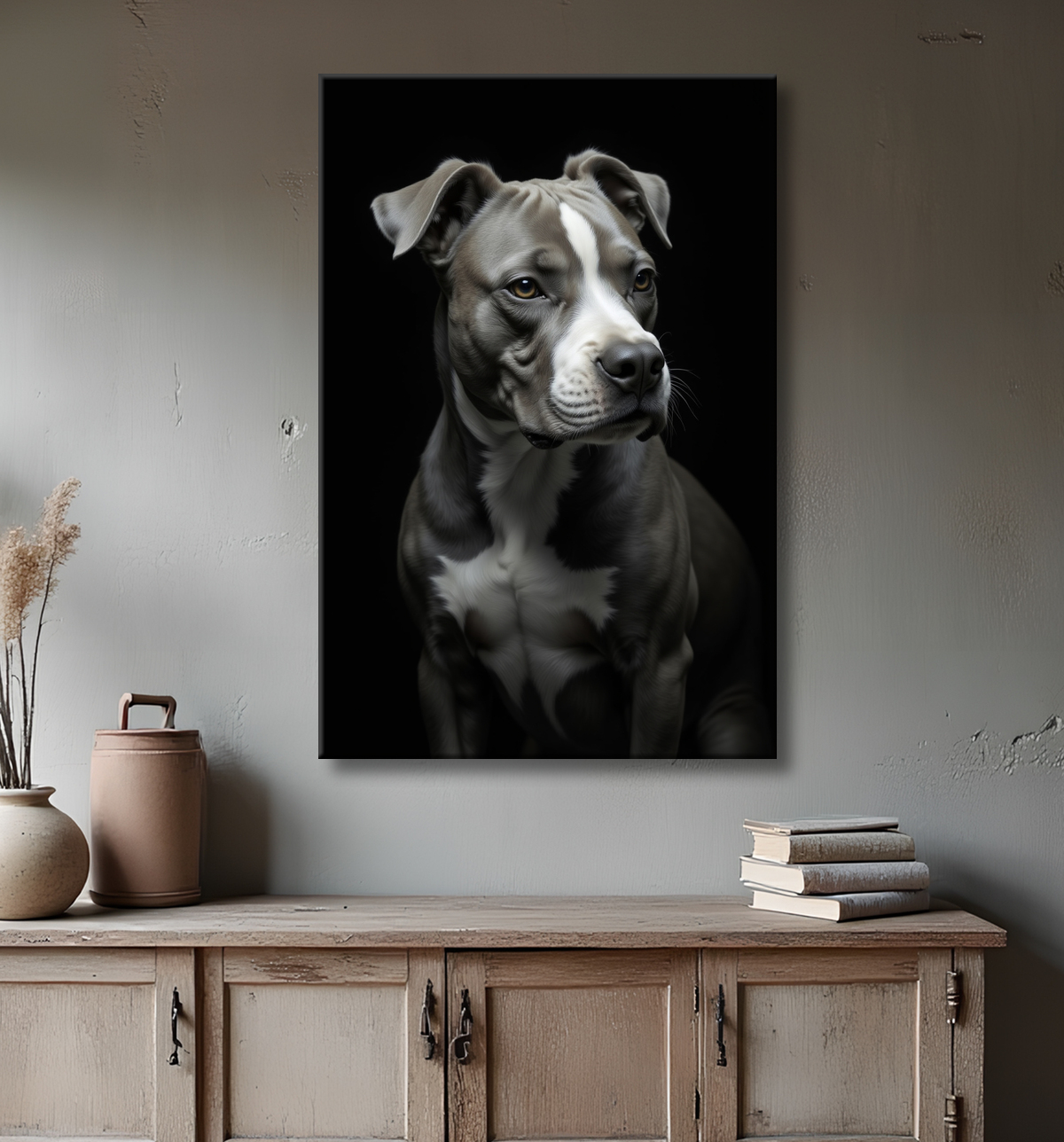 Tableau pitbull staffy - Portrait photographique noir et blanc avec decor