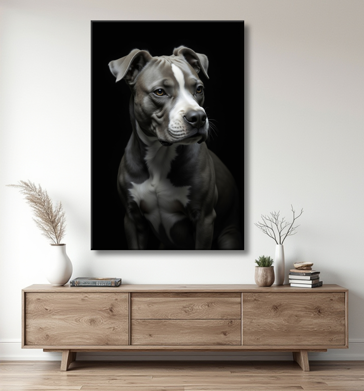 Tableau pitbull staffy - Portrait photographique noir et blanc avec decor