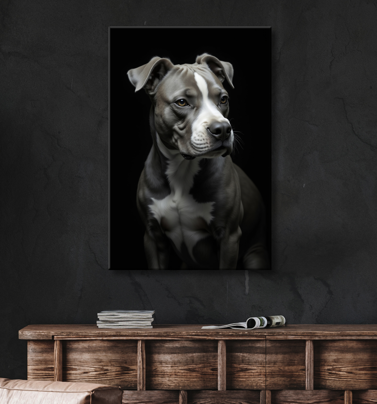 Tableau pitbull staffy - Portrait photographique noir et blanc avec decor