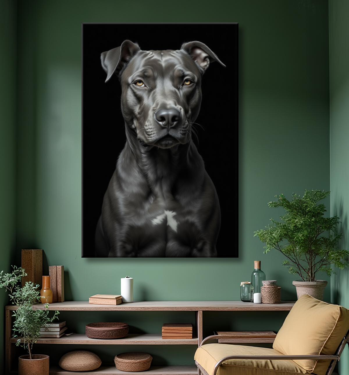 Tableau pitbull staffy - Portrait photographique noir et blanc avec decor