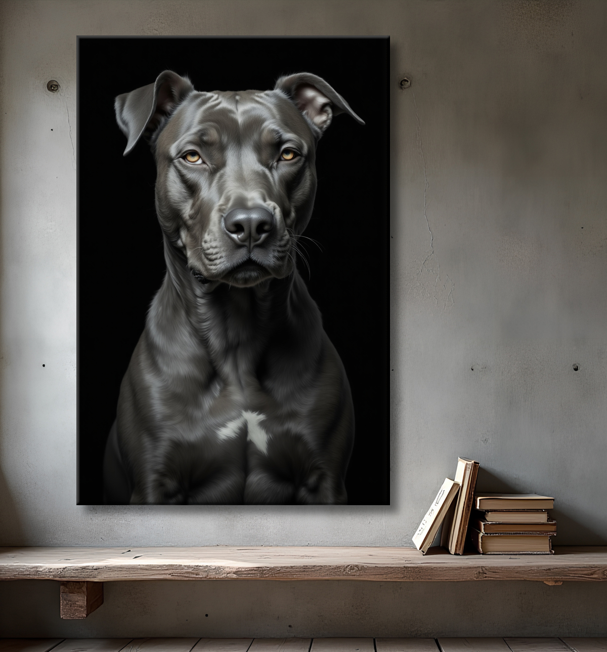 Tableau pitbull staffy - Portrait photographique noir et blanc avec decor