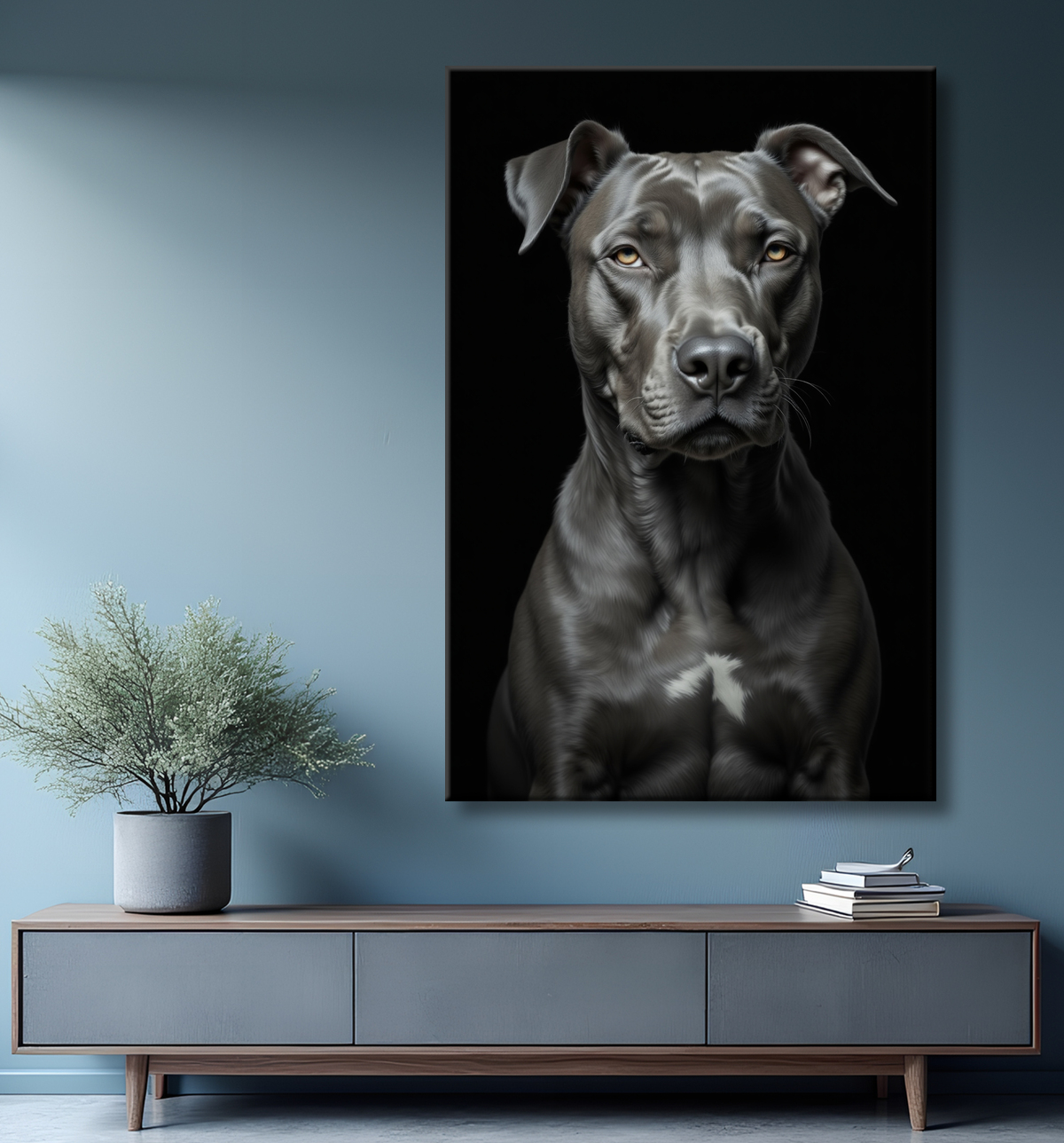 Tableau pitbull staffy - Portrait photographique noir et blanc avec decor