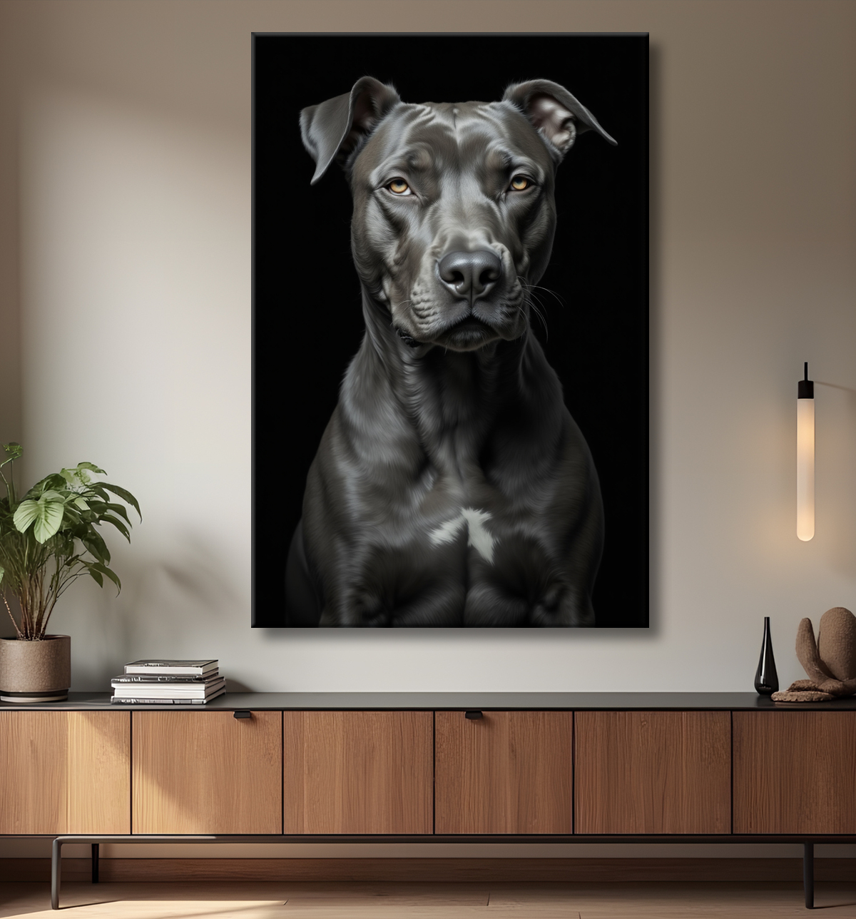 Tableau pitbull staffy - Portrait photographique noir et blanc avec decor
