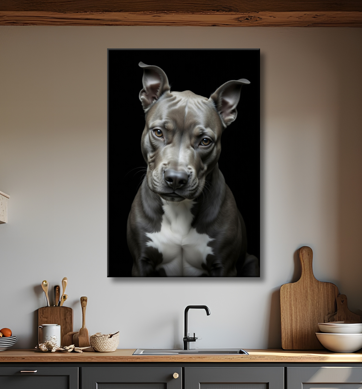 Tableau pitbull staffy - Portrait photographique noir et blanc avec decor