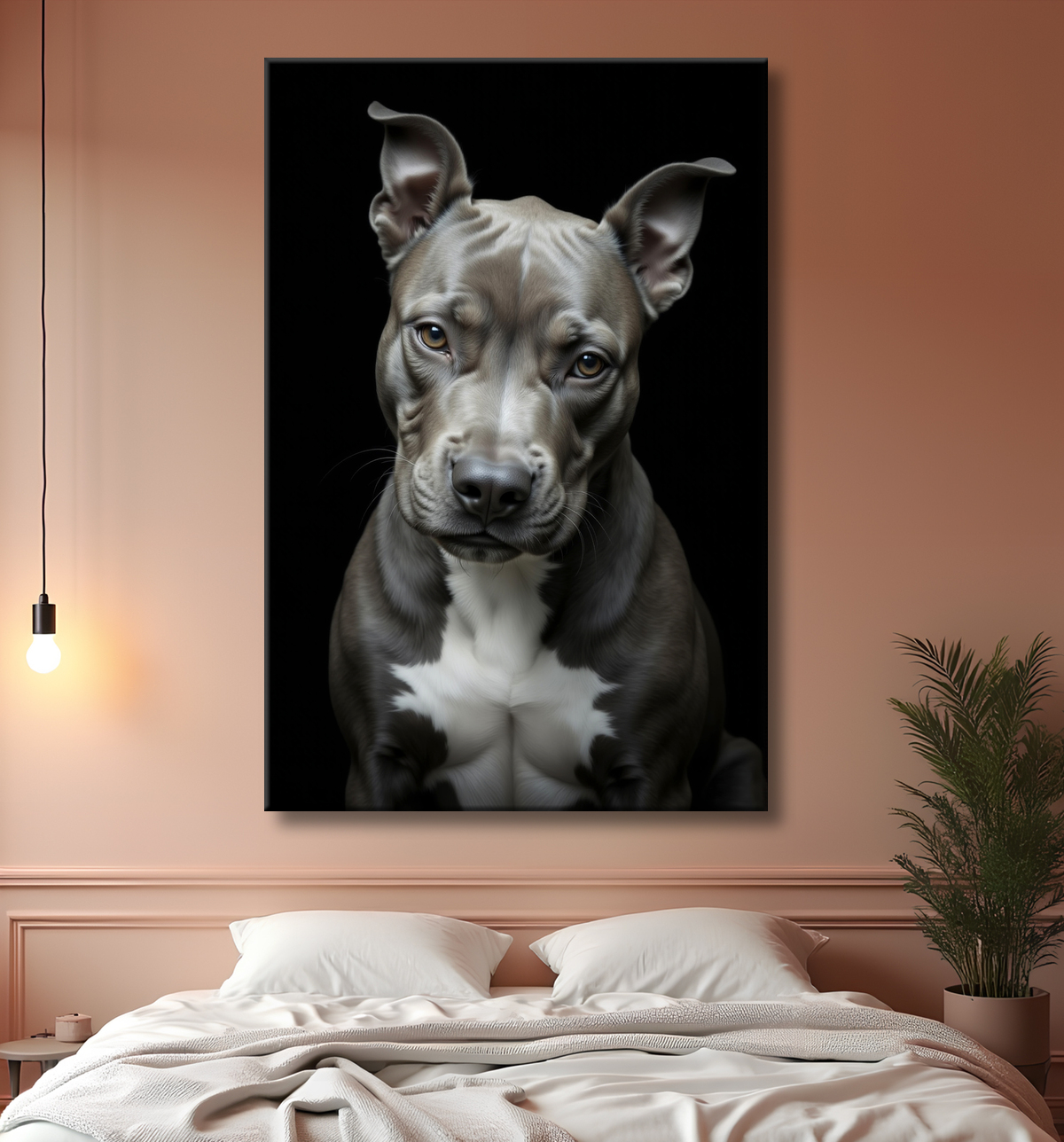 Tableau pitbull staffy - Portrait photographique noir et blanc avec decor