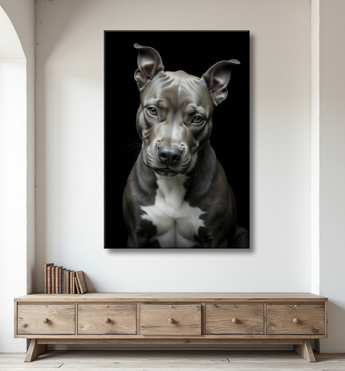Tableau pitbull staffy - Portrait photographique noir et blanc avec decor