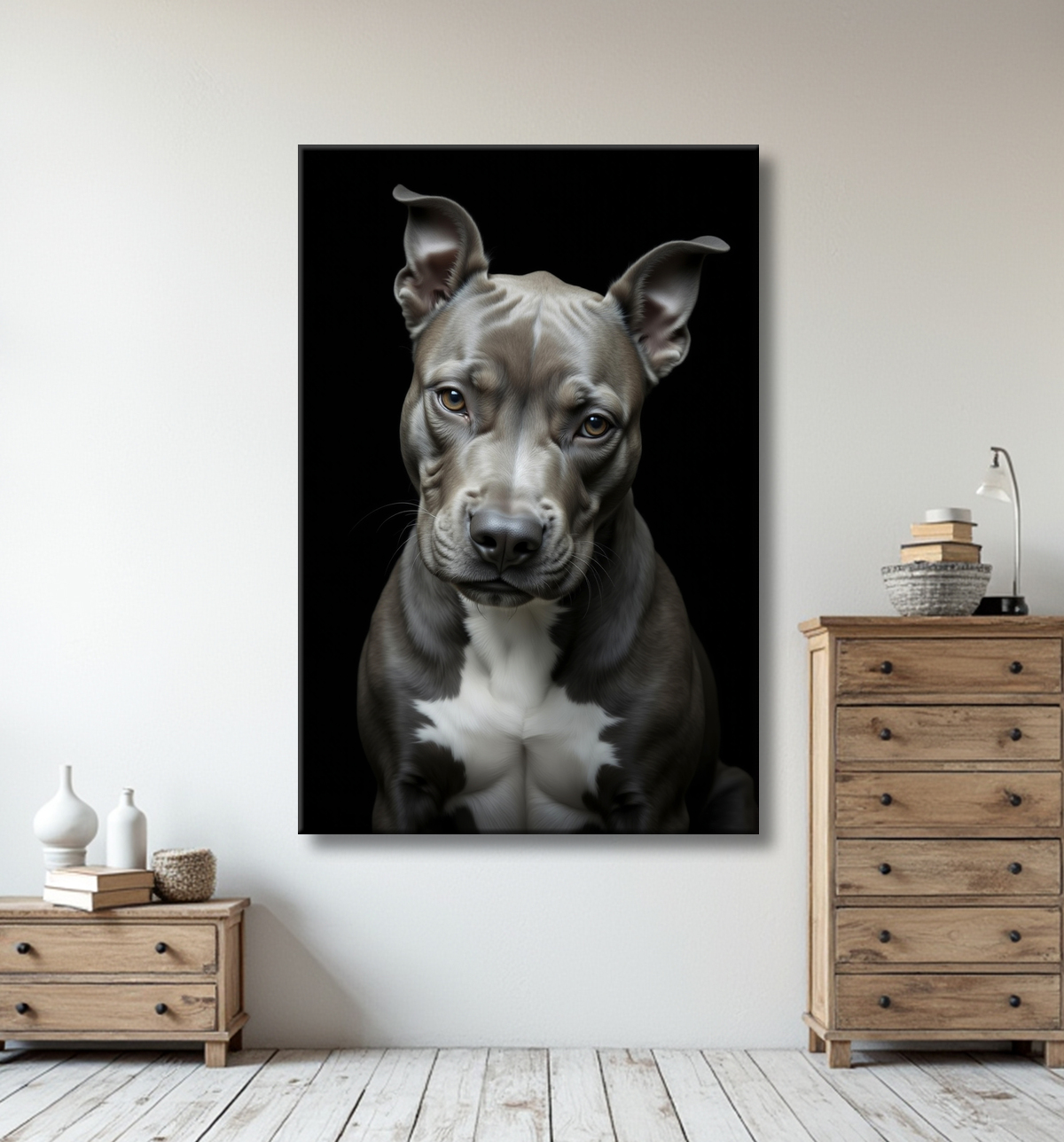 Tableau pitbull staffy - Portrait photographique noir et blanc avec decor