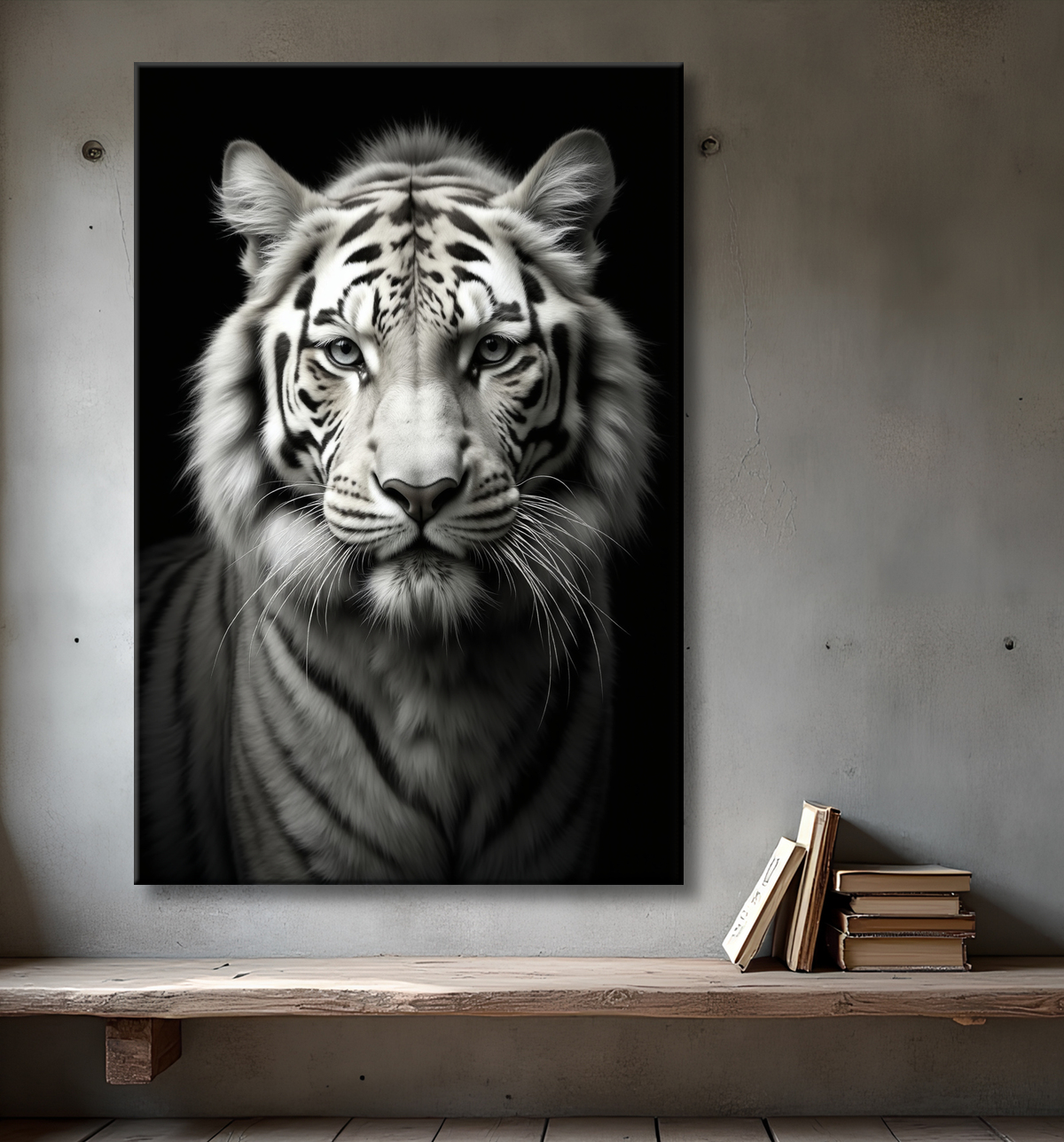 Tableau tigre blanc sur fond noir - Portrait animalier haut de gamme avec decor