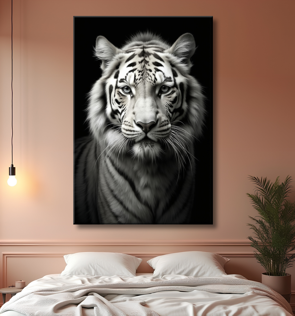 Tableau tigre blanc sur fond noir - Portrait animalier haut de gamme avec decor