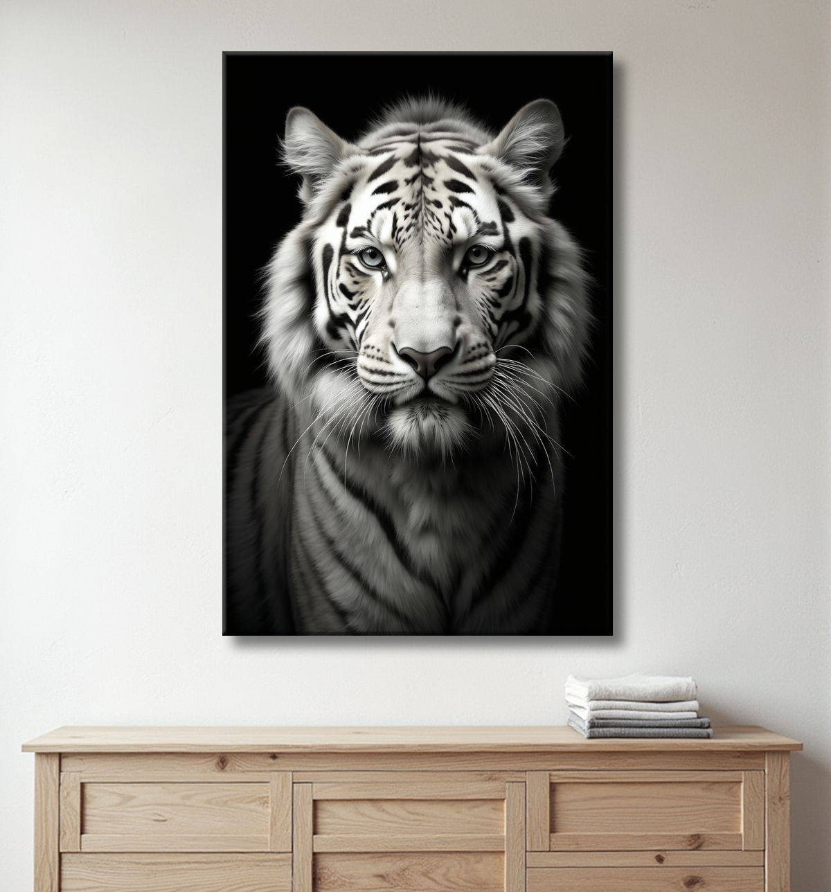 Tableau tigre blanc sur fond noir - Portrait animalier haut de gamme avec decor