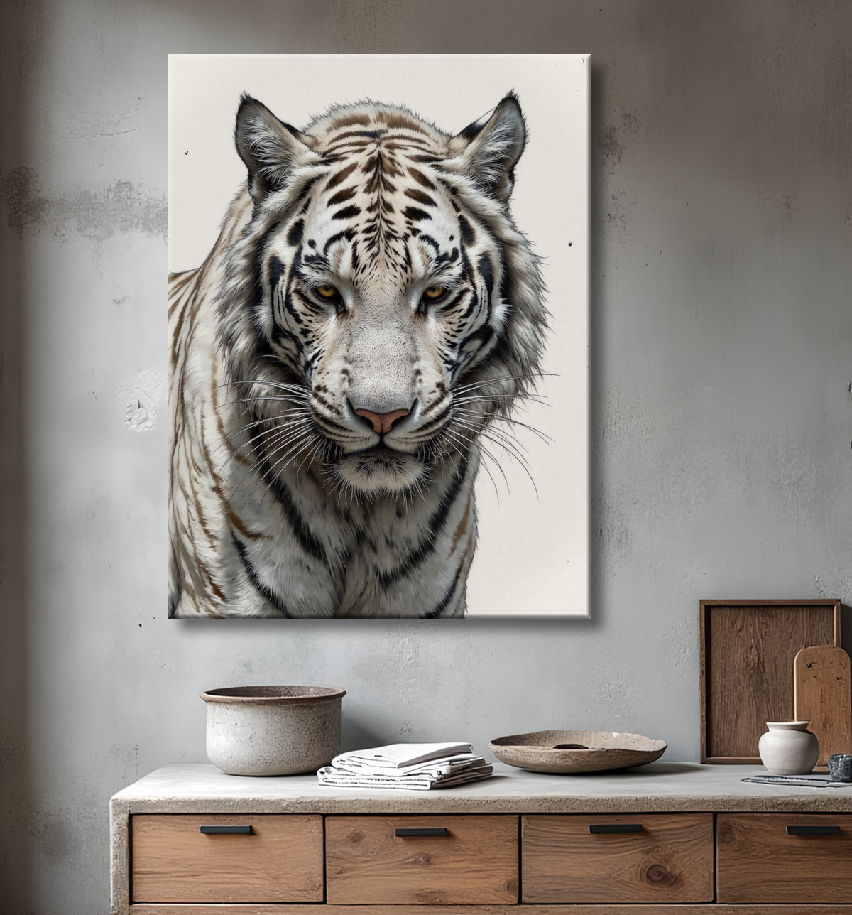 Tableau tigre blanc sur fond clair - Photo d'art décorative avec decor