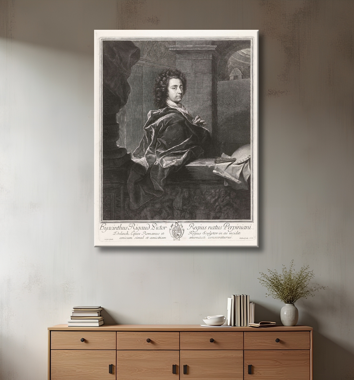 Reproduction Portret van Hyacinthe Rigaud de Gerard Edelinck avec decor