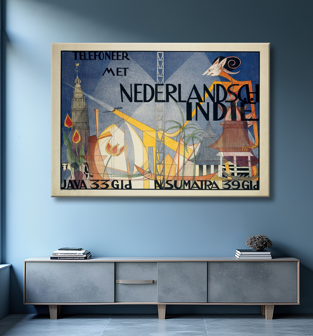 Reproduction Poster Téléphone avec les Indes Orientales Néerlandaises de Leo Visser avec decor