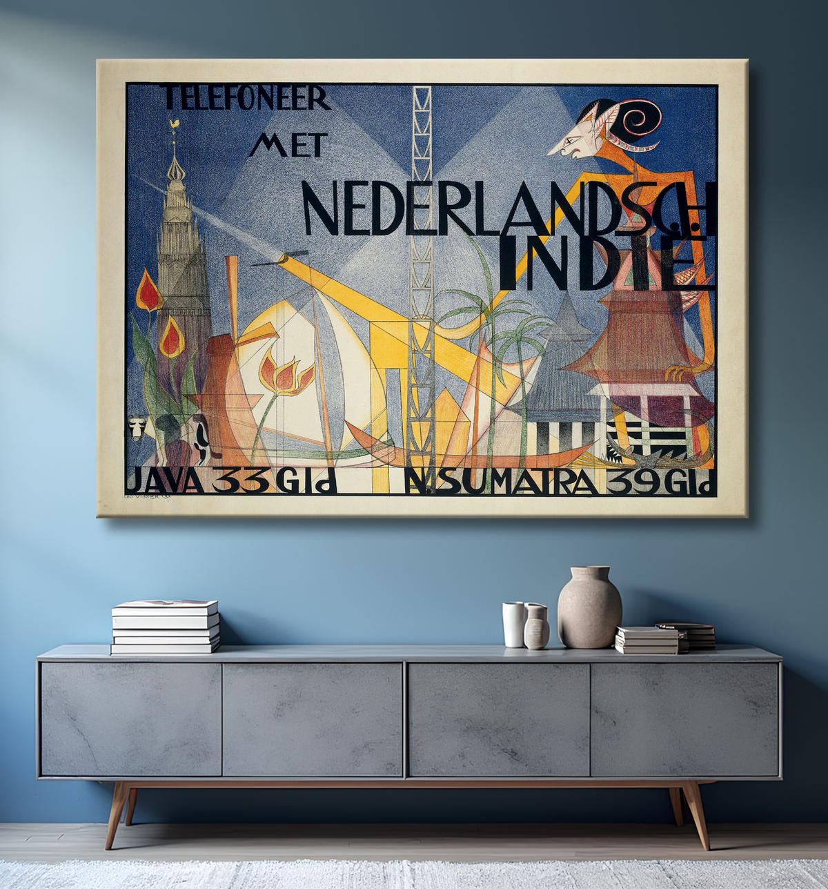 Reproduction Poster Téléphone avec les Indes Orientales Néerlandaises de Leo Visser avec decor