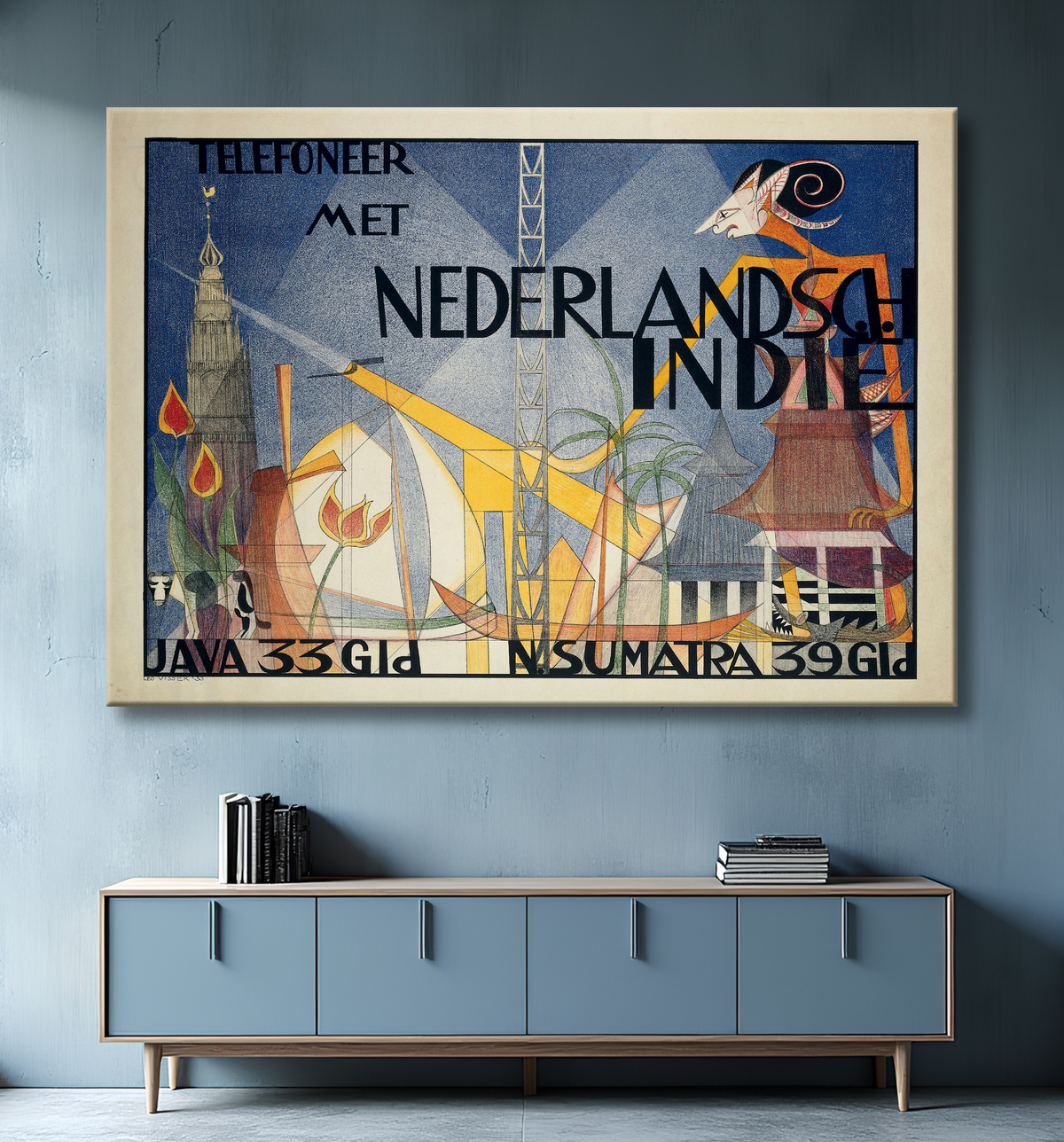 Reproduction Poster Téléphone avec les Indes Orientales Néerlandaises de Leo Visser avec decor