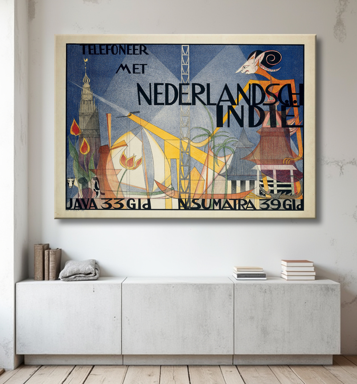 Reproduction Poster Téléphone avec les Indes Orientales Néerlandaises de Leo Visser avec decor