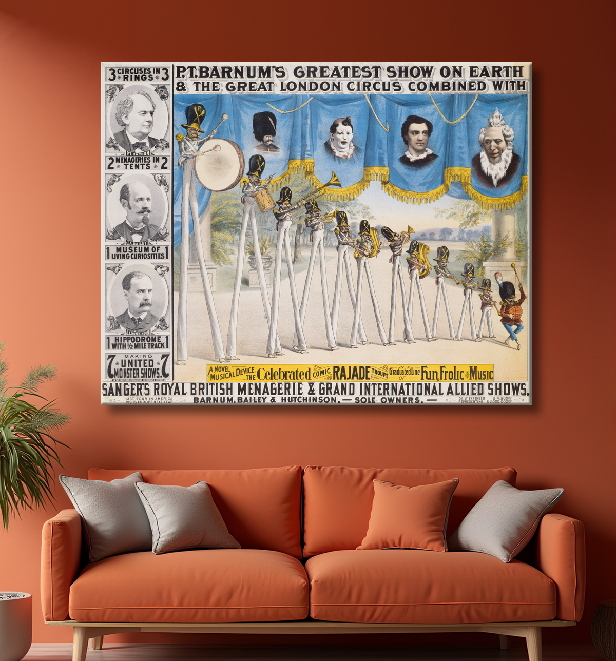 Reproduction PT Barnum, James Bailey et James Hutchinson de Strobridge Lithography Company, 1867 - 1961 avec decor