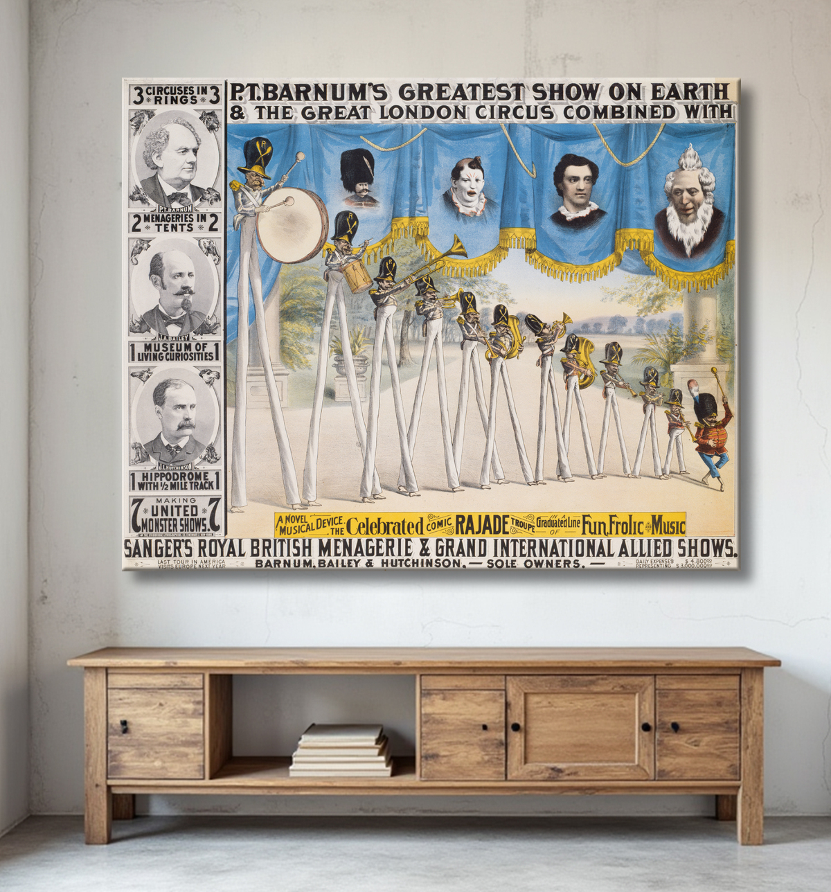 Reproduction PT Barnum, James Bailey et James Hutchinson de Strobridge Lithography Company, 1867 - 1961 avec decor
