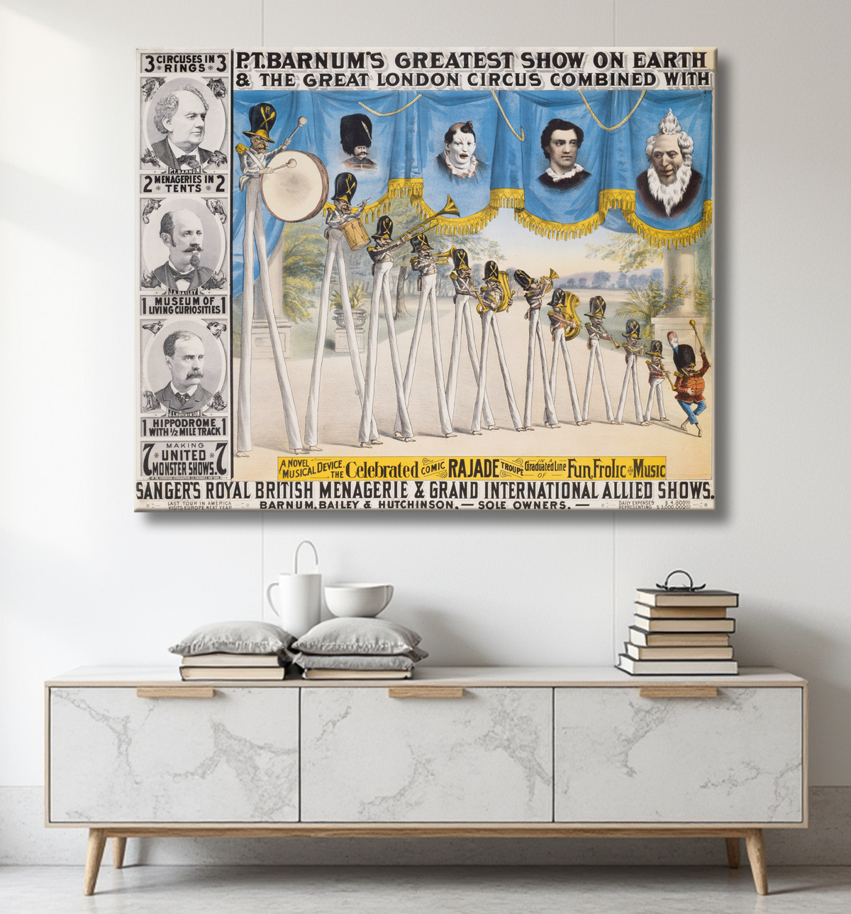 Reproduction PT Barnum, James Bailey et James Hutchinson de Strobridge Lithography Company, 1867 - 1961 avec decor