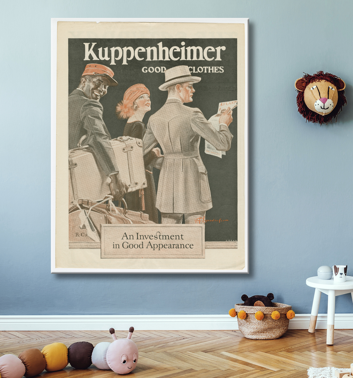 Reproduction Publicité du Saturday Evening Post mettant en vedette un Pullman Porter de J.C. Leyendecker, American, 1874 - 1951 avec decor