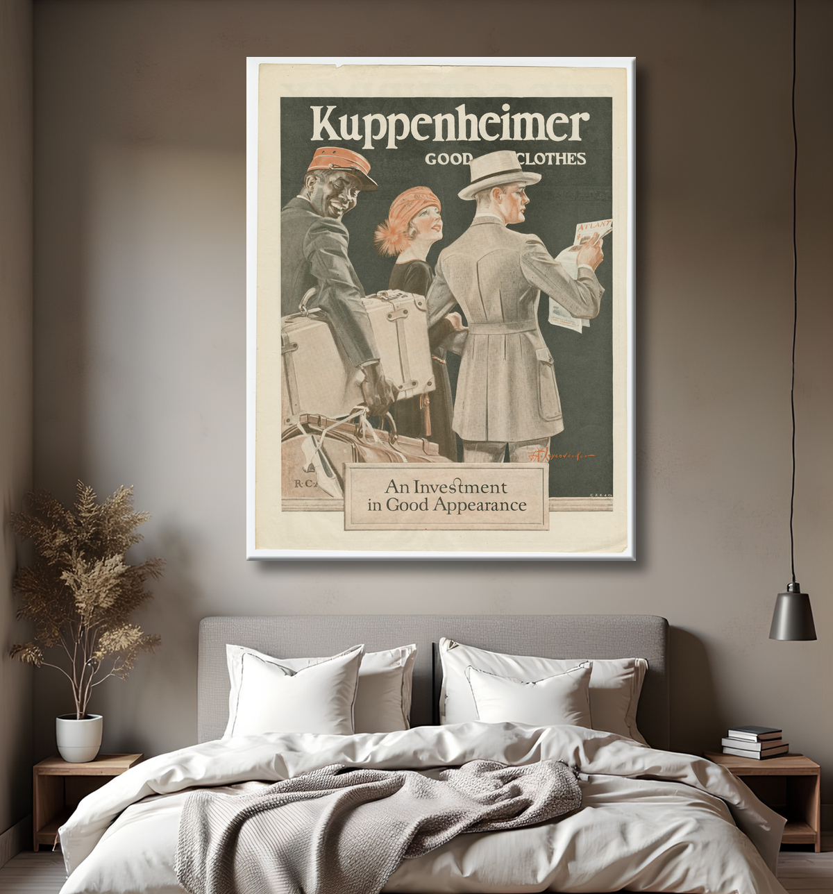 Reproduction Publicité du Saturday Evening Post mettant en vedette un Pullman Porter de J.C. Leyendecker, American, 1874 - 1951 avec decor