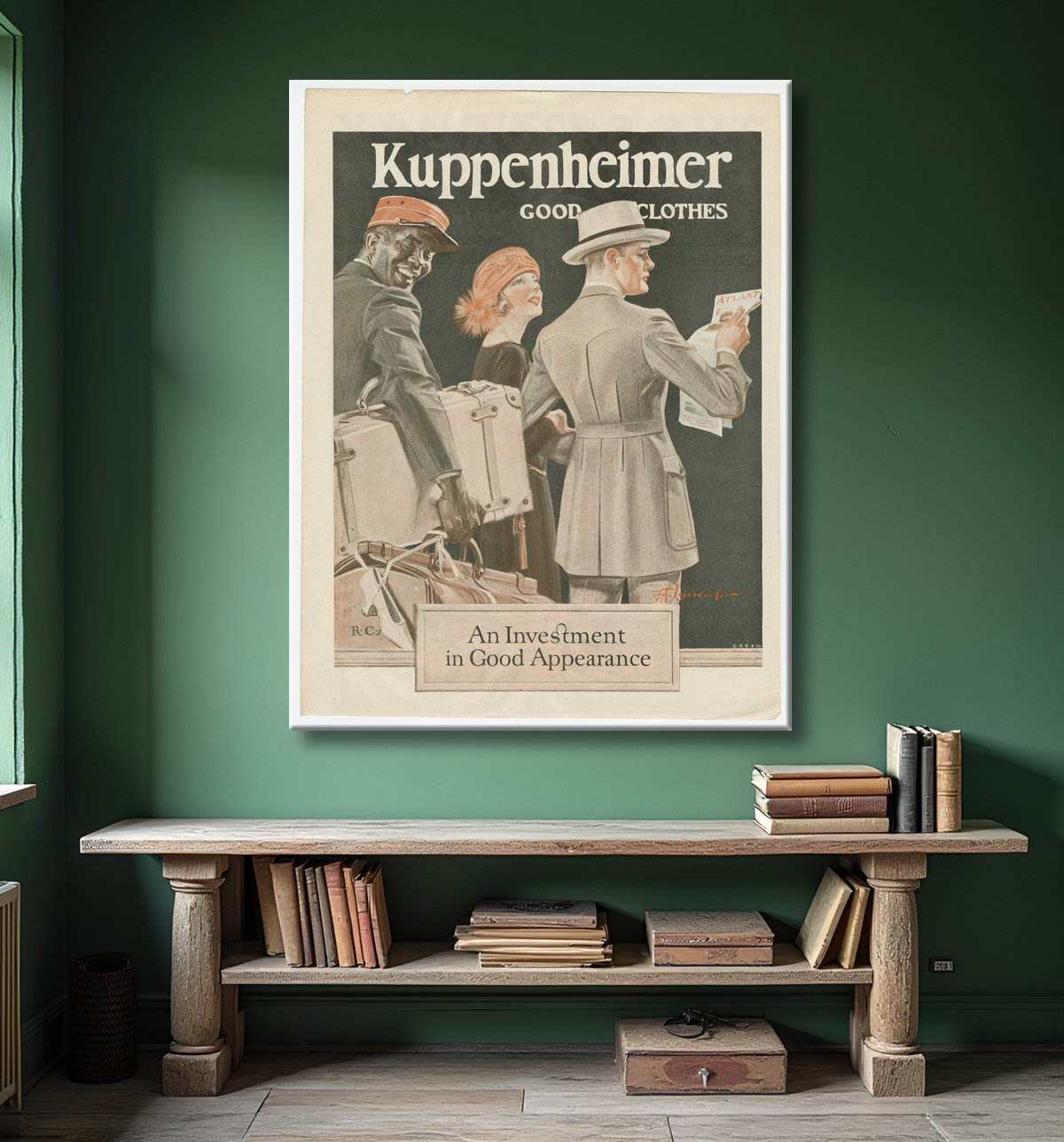 Reproduction Publicité du Saturday Evening Post mettant en vedette un Pullman Porter de J.C. Leyendecker, American, 1874 - 1951 avec decor