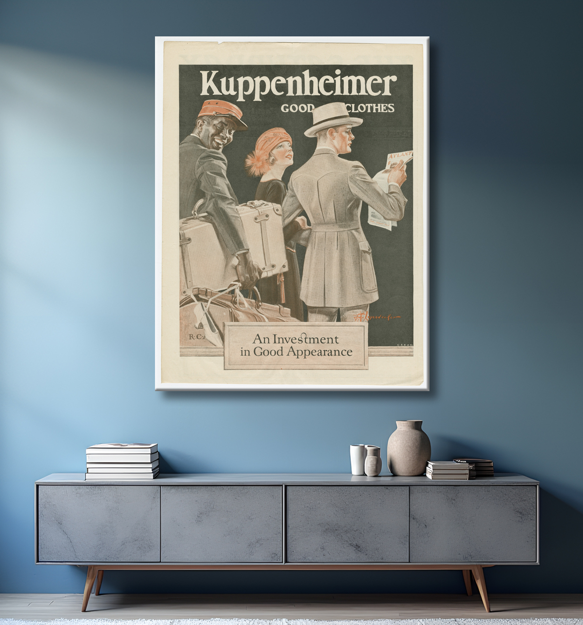Reproduction Publicité du Saturday Evening Post mettant en vedette un Pullman Porter de J.C. Leyendecker, American, 1874 - 1951 avec decor