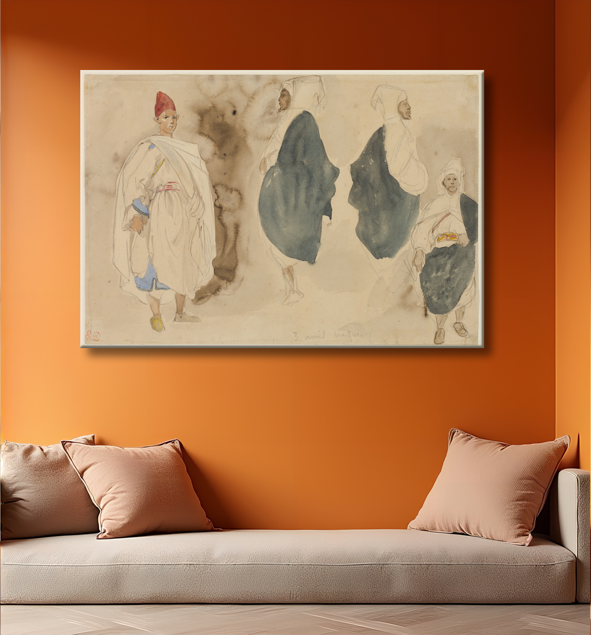 Reproduction Quatre croquis d'hommes arabes de Eugène Delacroix avec decor