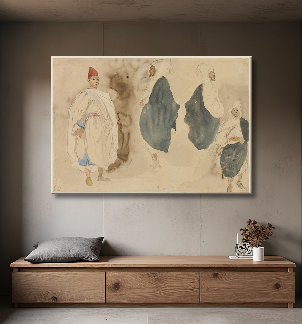 Reproduction Quatre croquis d'hommes arabes de Eugène Delacroix avec decor