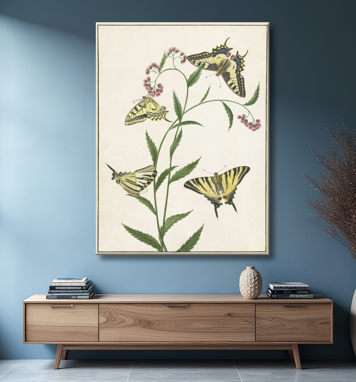Reproduction Quatre papillons sur des fleurs de Paulus Knogh avec decor