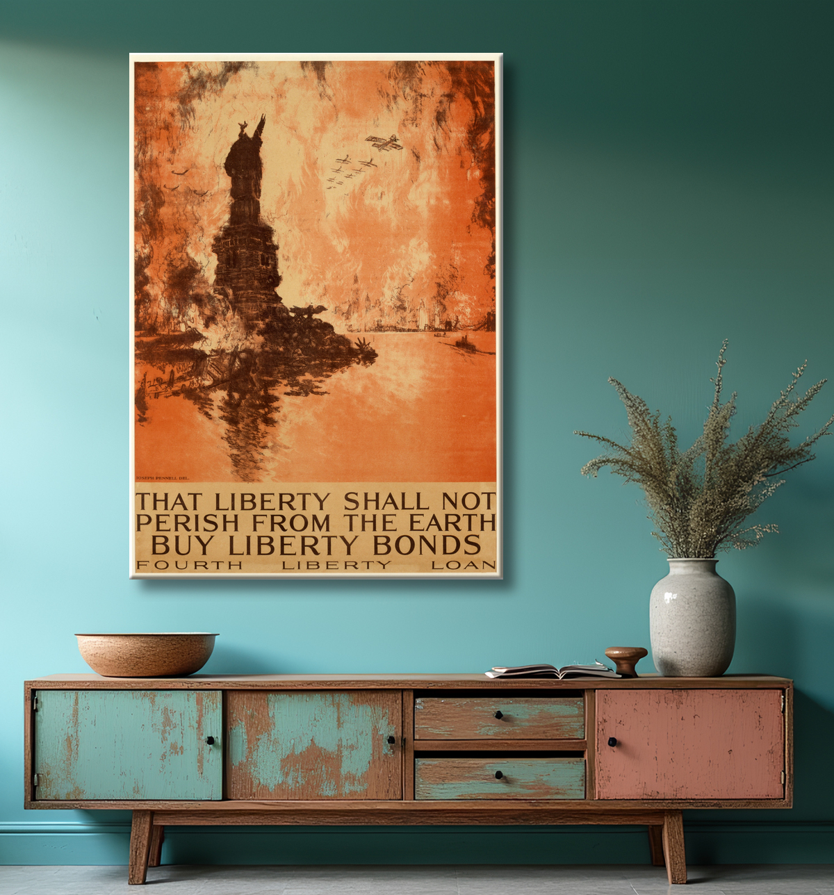 Reproduction Que la liberté ne périra pas de la Terre, achetez des obligations de la liberté de Joseph Pennell, born Philadelphia, PA 1857-died New York City 1926 avec decor