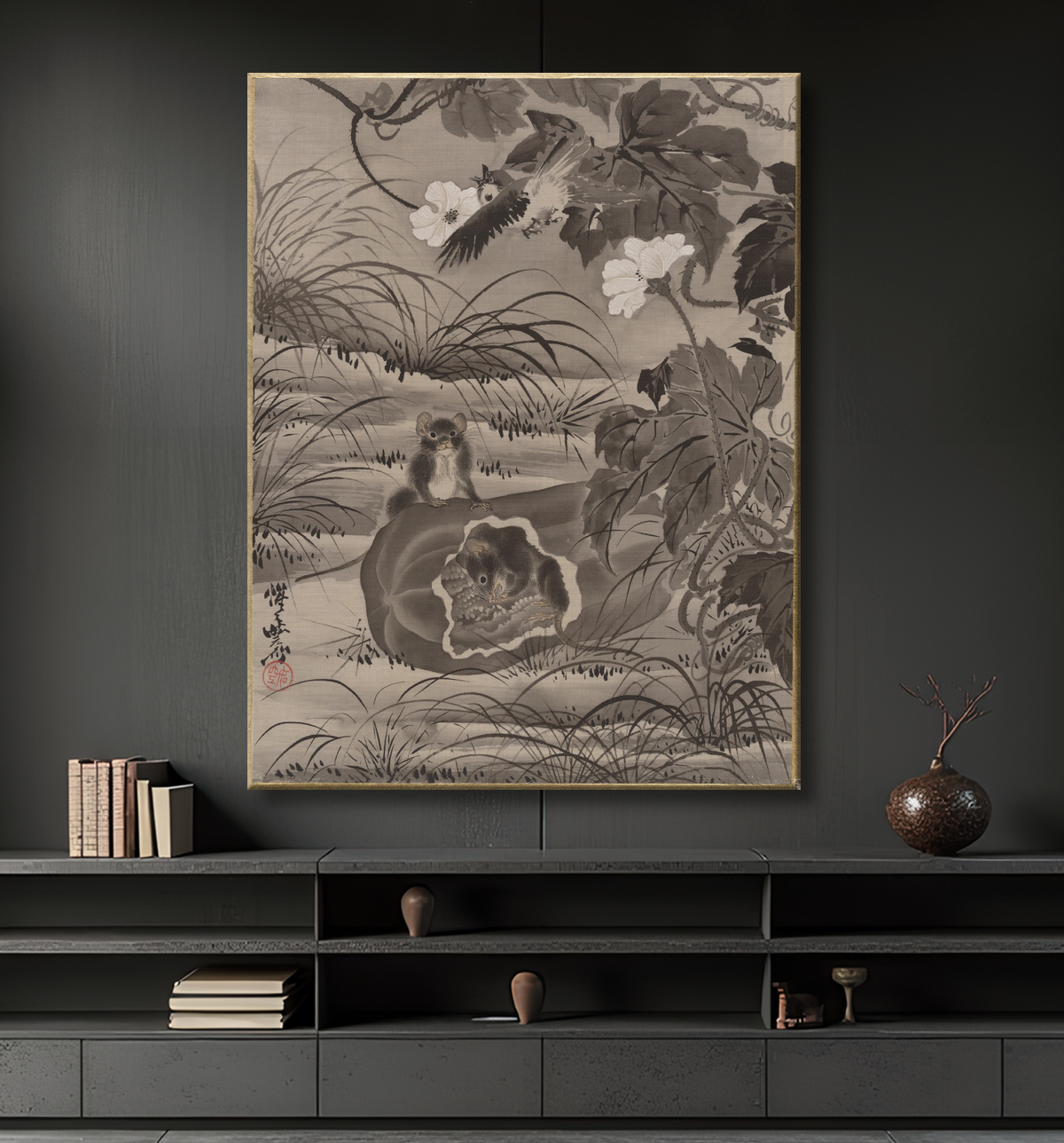 Reproduction Rats et courge de Kawanabe Kyōsai 河鍋暁斎 avec decor