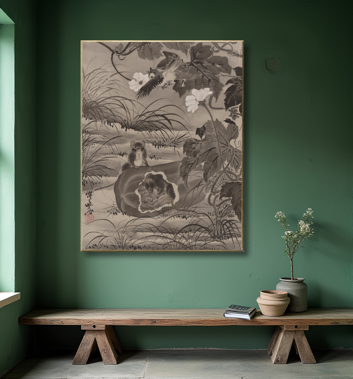 Reproduction Rats et courge de Kawanabe Kyōsai 河鍋暁斎 avec decor