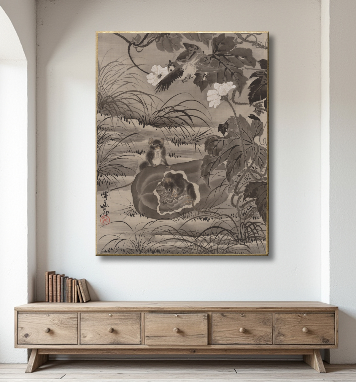Reproduction Rats et courge de Kawanabe Kyōsai 河鍋暁斎 avec decor
