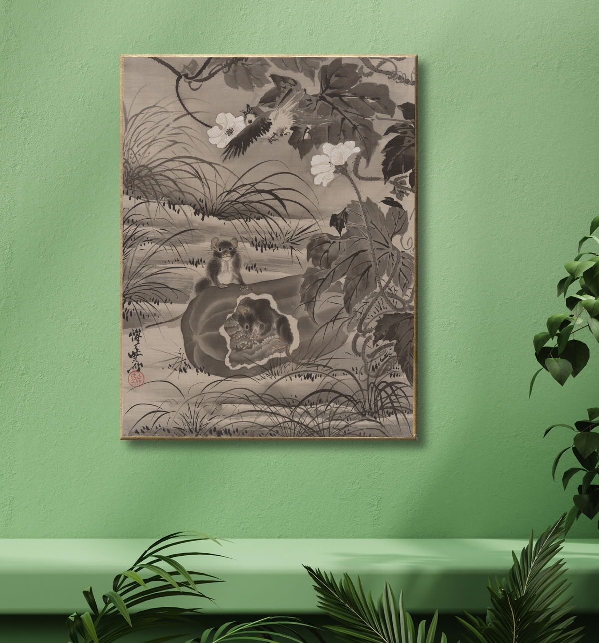 Reproduction Rats et courge de Kawanabe Kyōsai 河鍋暁斎 avec decor