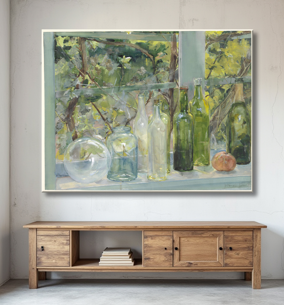 Reproduction Rebord de fenêtre avec des bouteilles, un globe en verre et une pomme de Menso Kamerlingh Onnes avec decor