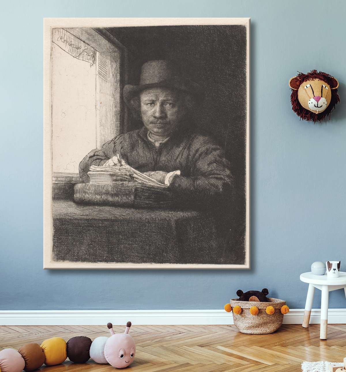 Reproduction Rembrandt dessinant à une fenêtre de Rembrandt van Rijn avec decor