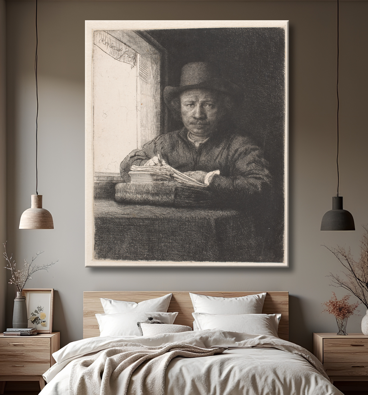 Reproduction Rembrandt dessinant à une fenêtre de Rembrandt van Rijn avec decor