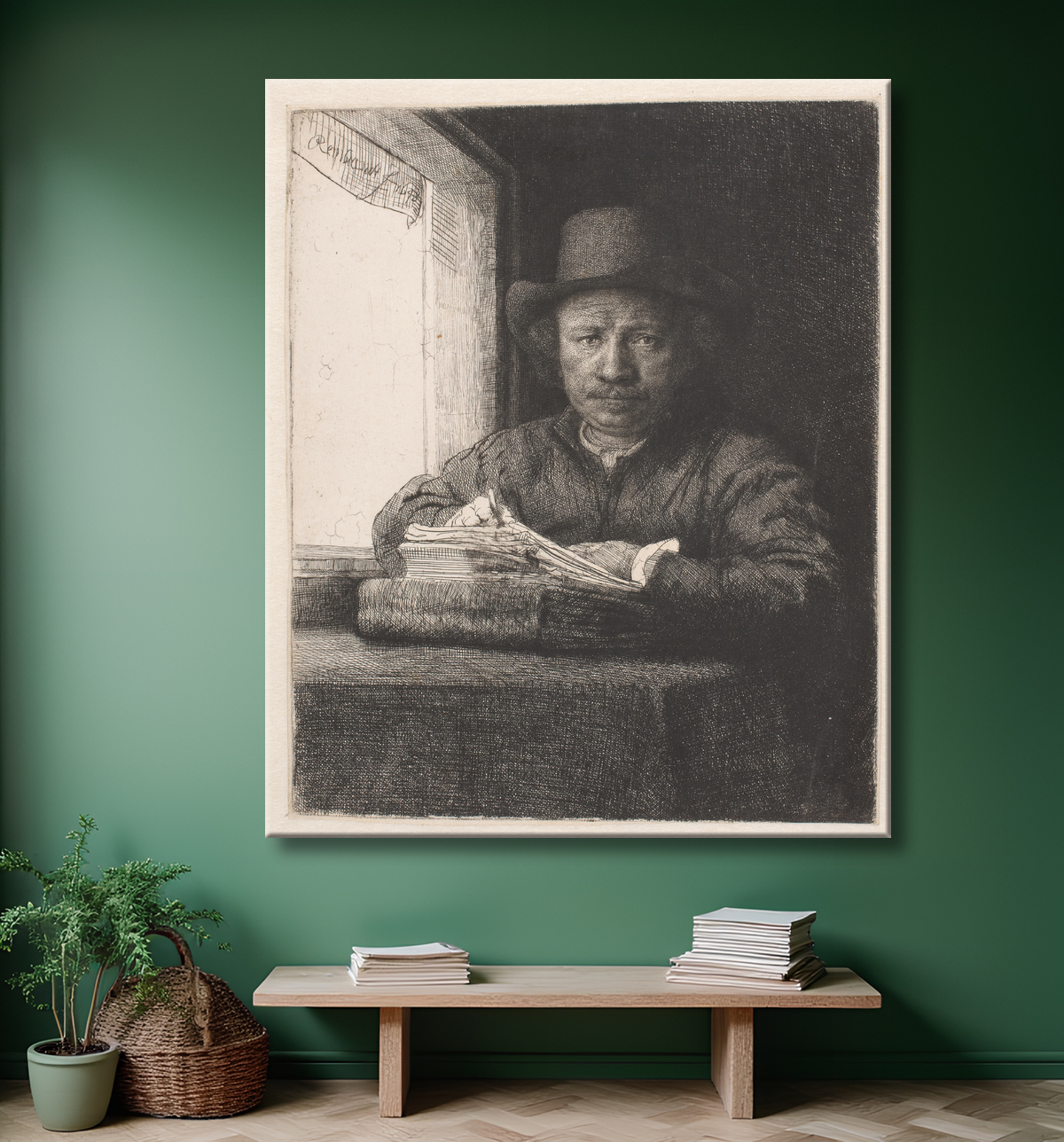 Reproduction Rembrandt dessinant à une fenêtre de Rembrandt van Rijn avec decor