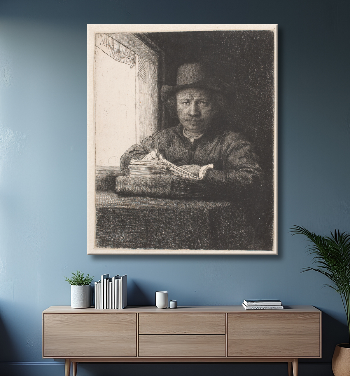 Reproduction Rembrandt dessinant à une fenêtre de Rembrandt van Rijn avec decor