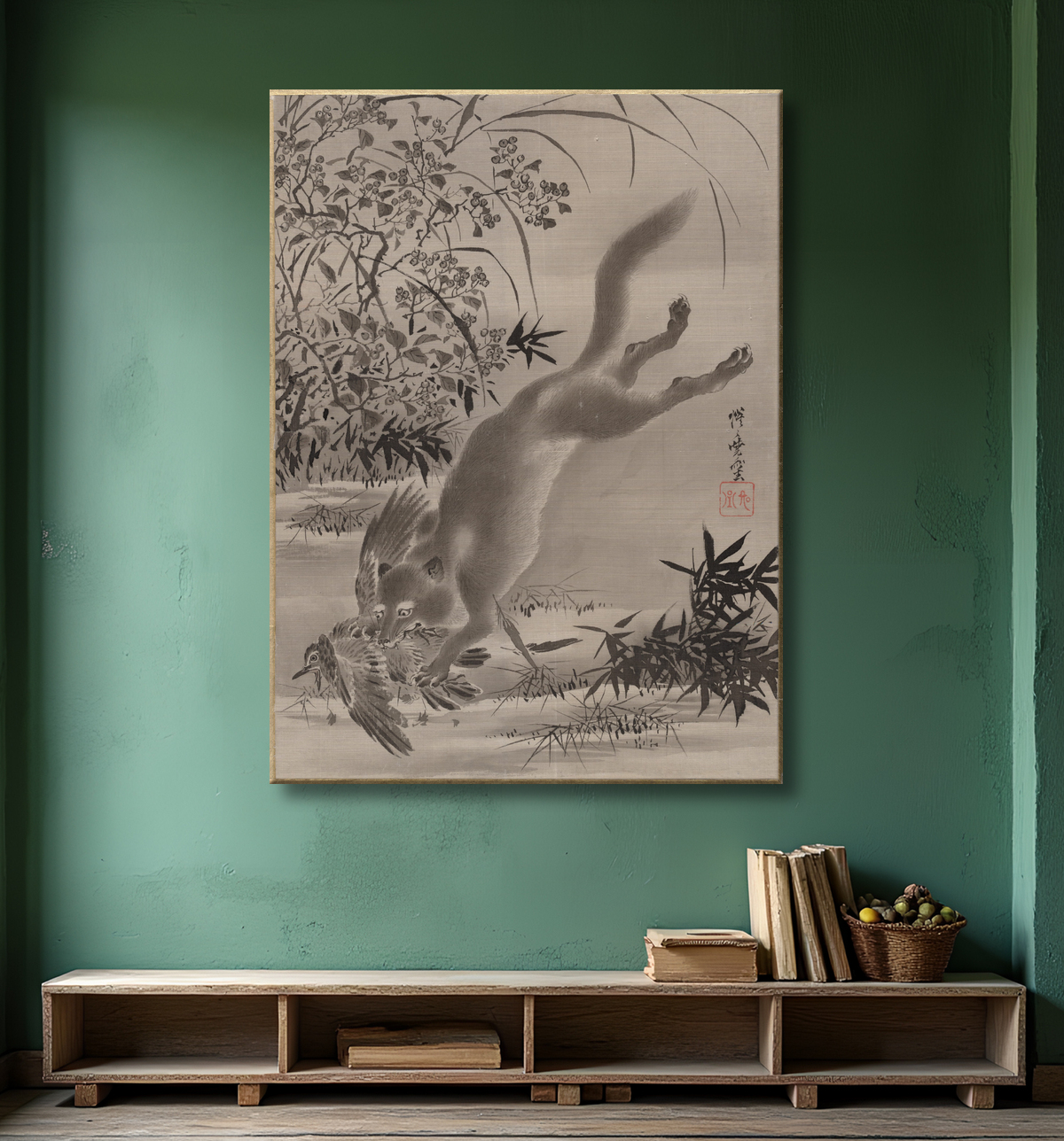 Reproduction Renard attrapant l'oiseau de Kawanabe Kyōsai 河鍋暁斎 avec decor