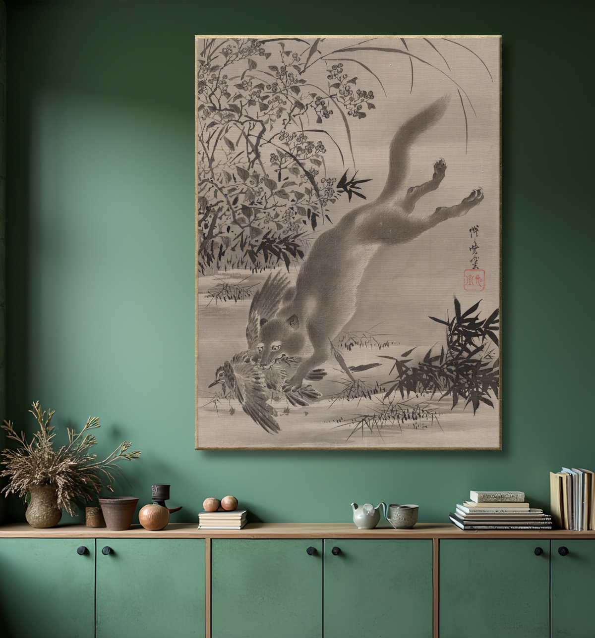Reproduction Renard attrapant l'oiseau de Kawanabe Kyōsai 河鍋暁斎 avec decor