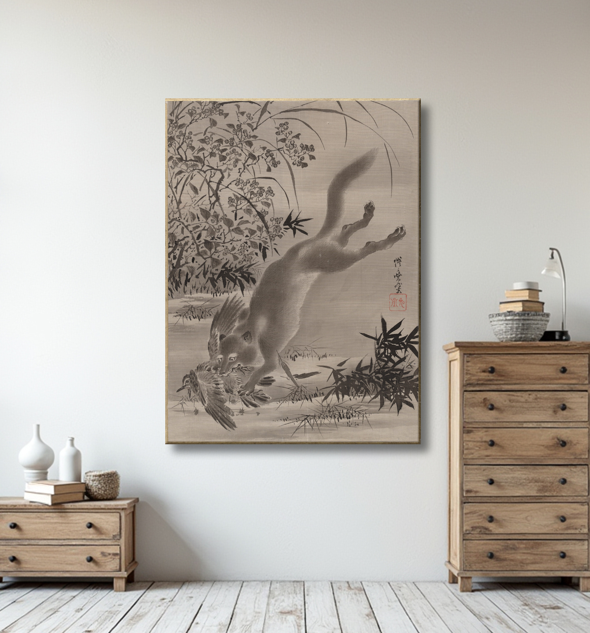 Reproduction Renard attrapant l'oiseau de Kawanabe Kyōsai 河鍋暁斎 avec decor