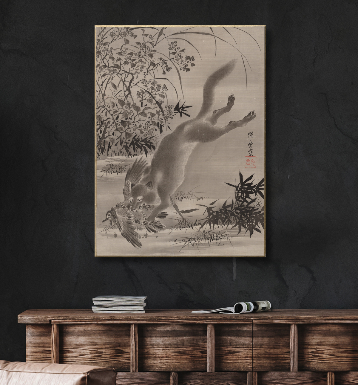 Reproduction Renard attrapant l'oiseau de Kawanabe Kyōsai 河鍋暁斎 avec decor